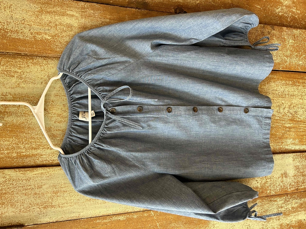 J. Crew Woman Denim Blue Basic Tie-Sleeve Chambray Painter Blouse Top Size XS